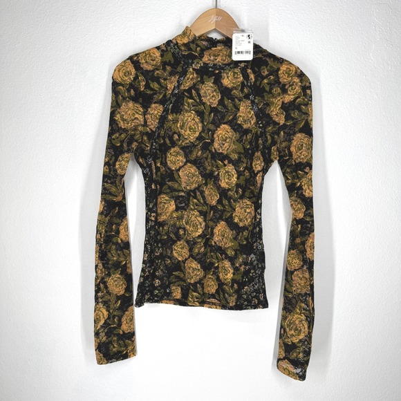 Free People Tops - Free People Sheer Lace Top Medium NEW Long Sleeve Dark Romantic Floral Boho Mesh